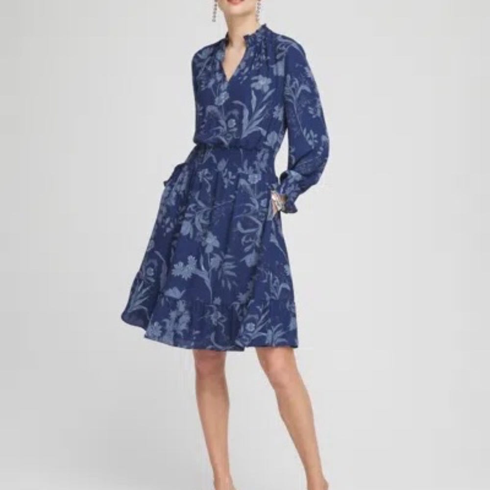 NWT Chico’s Dark Harbor Floral Dress Size 12 – Smocked Waist Ruffle / Flowy